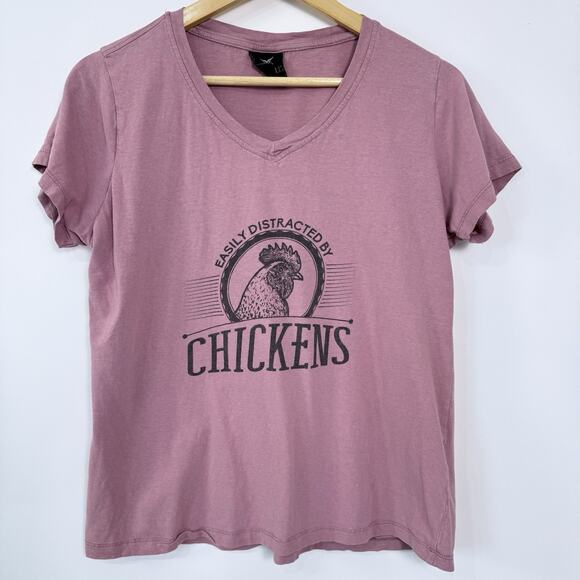 Wilfull Wear Graphic Tee Womens M‎ Mauve "Easily Distracted by Chickens" Quirky - Picture 1 of 8